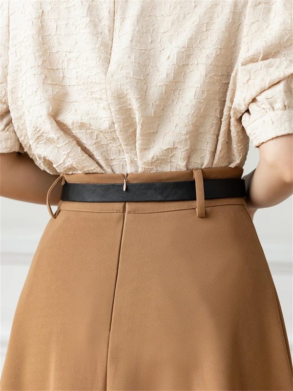 Women's A-Line Skirt with Belt High Waist Loose Office OL Big Swing Midi Skirts