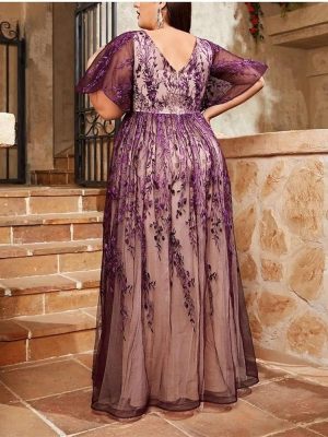 Women's Plus Size Evening Gown Ball Dress V-Neck Embroidered Lace Mesh Long Skirt Party Dress