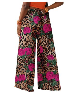 Women's Boho Palazzo Pants Leopard Floral Print High Waisted Wide Leg Baggy Casual Vacation Long Trousers