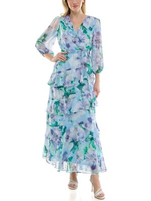 Women's Sheer Long Sleeve V-Neck Floral Tiered Ruffle Wrap Maxi