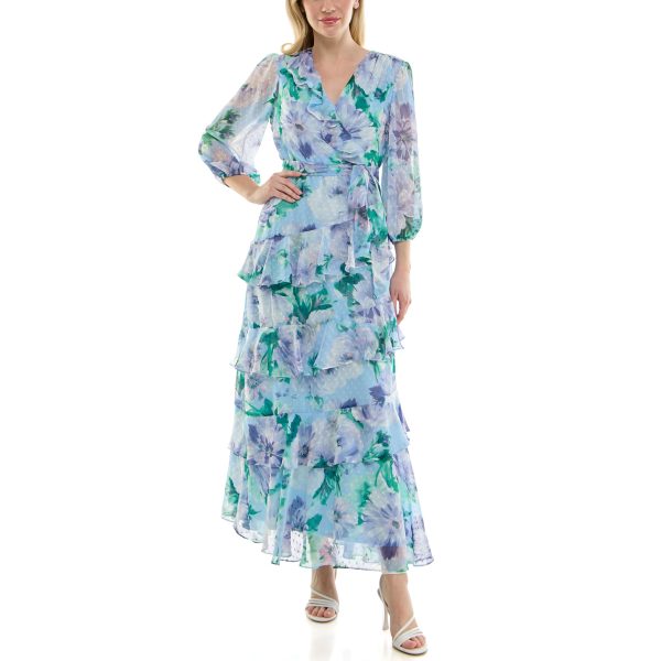 Women's Sheer Long Sleeve V-Neck Floral Tiered Ruffle Wrap Maxi