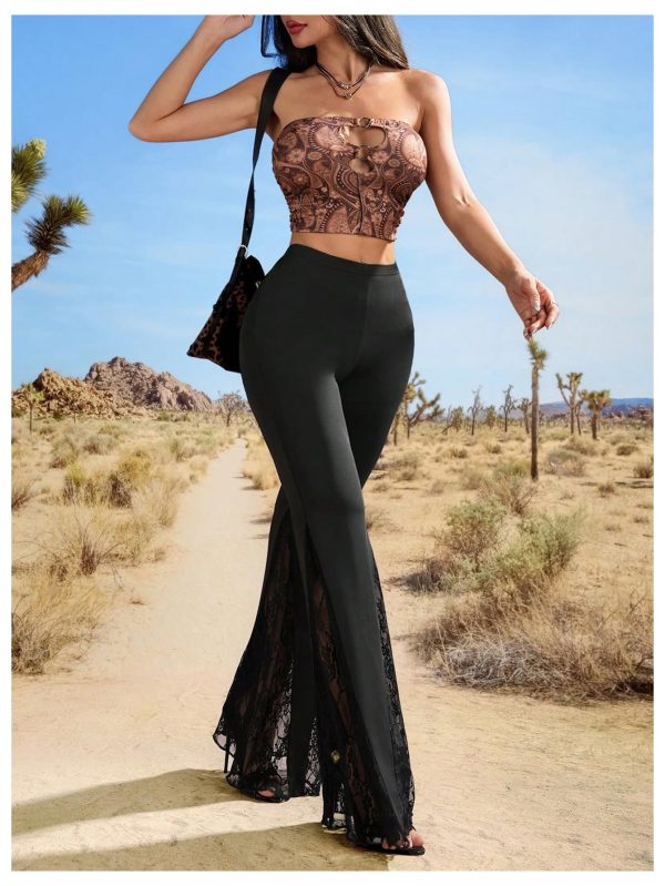 Women's Floral Lace Flare Pant Going Out Dressy Bell Elegant Trousers