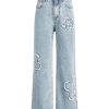 Girl's Bowknot Print Washed Jean Elastic Waist Denim Pants Straight Leg Trousers with Pockets