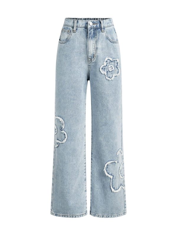 Girl's Bowknot Print Washed Jean Elastic Waist Denim Pants Straight Leg Trousers with Pockets