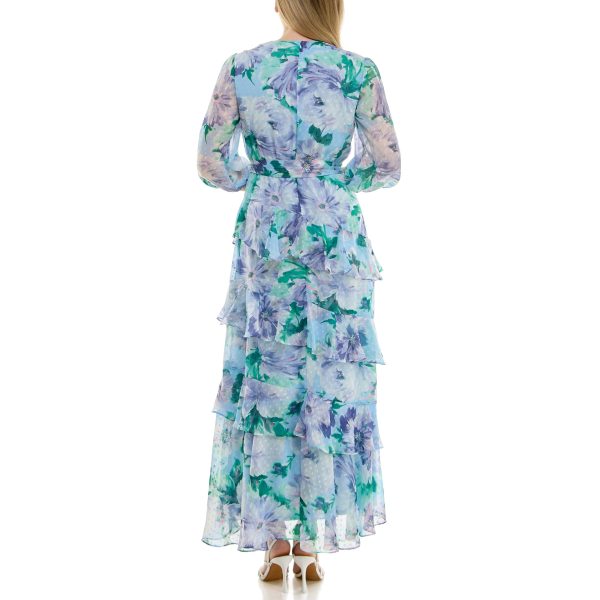 Women's Sheer Long Sleeve V-Neck Floral Tiered Ruffle Wrap Maxi