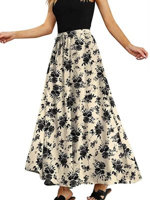 Women Floral Print Long Skirts Bohemian Style Holiday Elastic Waist Drawstring Large Swing A-Line Skirt