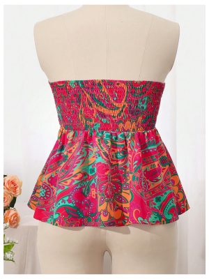 Women's Floral Tube Tops Strapless Tie Front Frill Peplum Shirred Boho Summer Bandeau Top
