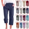 Summer Capri Pants for Women Casual Cotton Linen Pants Straight Leg Vacation Beach Crop Pant with Pockets