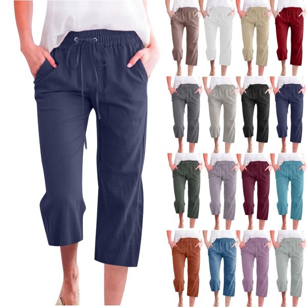 Summer Capri Pants for Women Casual Cotton Linen Pants Straight Leg Vacation Beach Crop Pant with Pockets