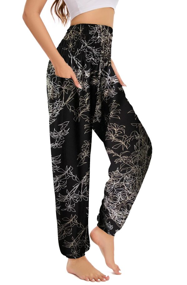 Women's Boho Harem Pants with Pockets, Smocked High Waist Hippie Flowy Trousers, Comfy Bohemian Clothes for Yoga