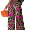 Women's Boho Palazzo Pants Leopard Floral Print High Waisted Wide Leg Baggy Casual Vacation Long Trousers