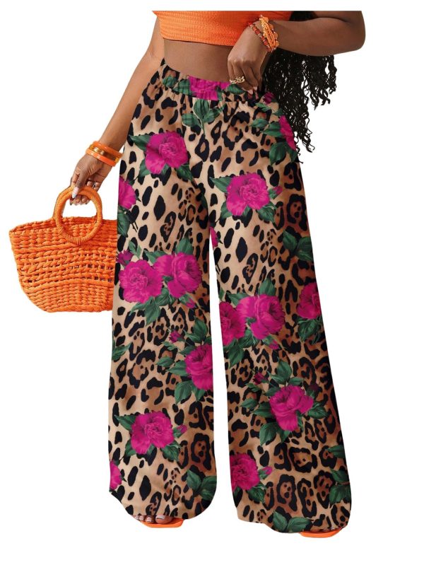 Women's Boho Palazzo Pants Leopard Floral Print High Waisted Wide Leg Baggy Casual Vacation Long Trousers