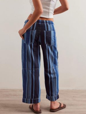 Striped Pants Women Floral Printed Wide Straight Leg Lounge Pant Mid Rise Drawstring Cropped Trousers
