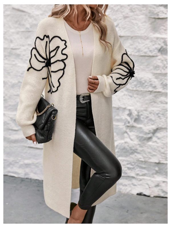 Women's Floral Pattern Cardigan Sweater Open Front Long Sleeve Loose Casual Outwear
