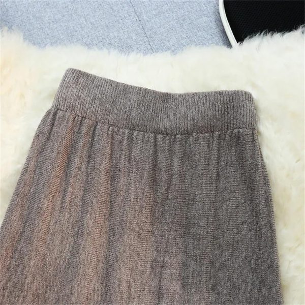 Women Autumn Winter High Waist Mid Length Skirts Vintage Knitted Long Skirts