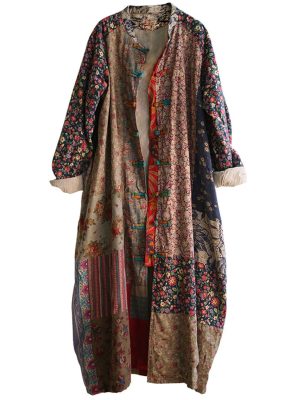 Women's Trench Coat Floral Print Long Cotton Linen Jacke Cottagecore Clothing Patchwork Outwear Bohemian unique