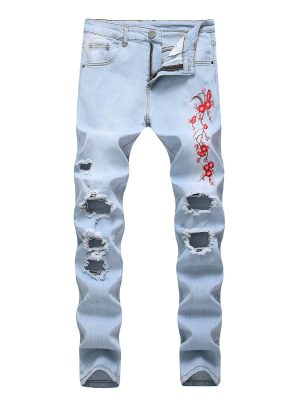 Men's Casual Embroidery Slim Fit Denim Pants Straight Personality Trendy Jeans Ripped Washed Stretch Skinny Trousers (Light