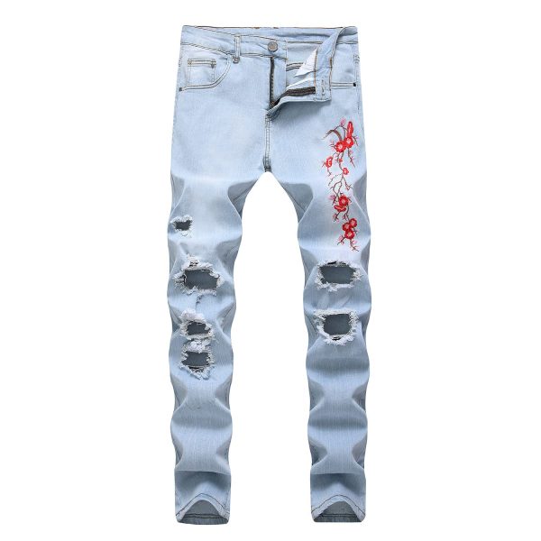 Men's Casual Embroidery Slim Fit Denim Pants Straight Personality Trendy Jeans Ripped Washed Stretch Skinny Trousers (Light