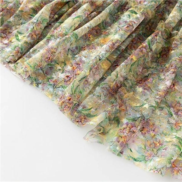 Women's Floral Patchwork Dress Round Neck Sheer Long Sleeve Mesh Layered Boho Chic Maxi Dress