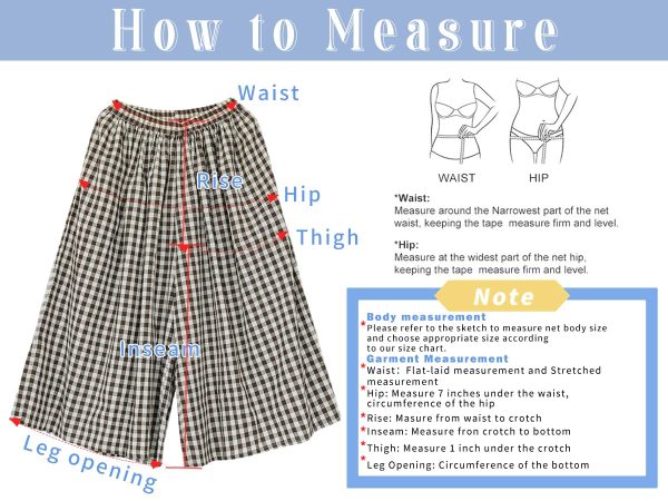 Women's Cotton Linen Pants Elastic Waist Plaid Gingham Wide Leg Capri Palazzo Pants