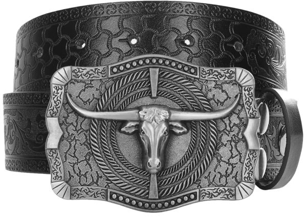 Western-Cowboy-Belts for Women Men Vintage Floral-Engraved Bull Head Buckle Cowgirl-Waist-Belt for 25 to 38" Waist