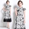 Women's Summer Autumn Elegant Flower Shirt Short Sleeve Belt Office Long Floral Print Midi Dress