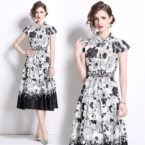 Women's Summer Autumn Elegant Flower Shirt Short Sleeve Belt Office Long Floral Print Midi Dress