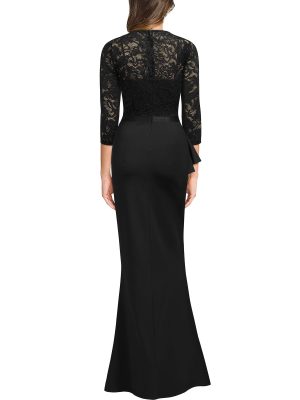 Women's Vintage Floral Lace Ruffle Half Sleeve Evening Party Formal Long Dress