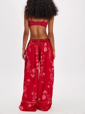 Women Summer Casual High Waist Wide Leg Pants Floral Print Palazzo Pant Flowy Lounge Beach Trousers with Pockets