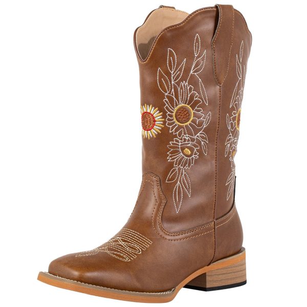 Floral Cowboy Boots for Women Square Toe Wide Calf Western Fashion Sunflower Cowgirl Boots