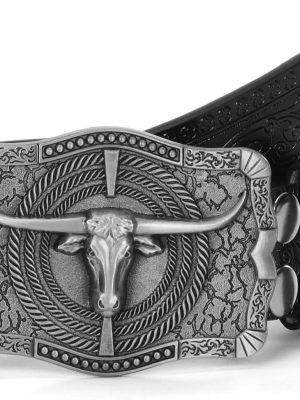 Western-Cowboy-Belts for Women Men Vintage Floral-Engraved Bull Head Buckle Cowgirl-Waist-Belt for 25 to 38" Waist