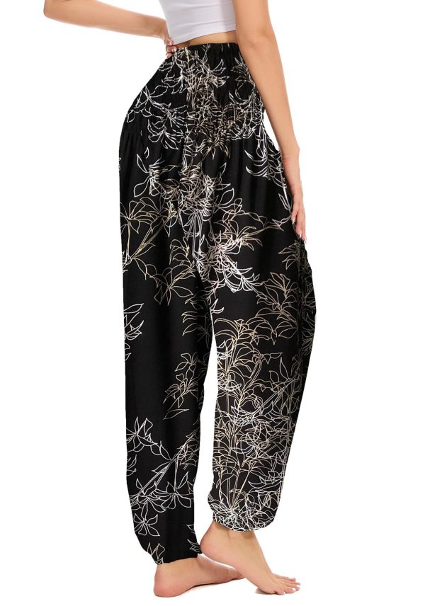 Women's Boho Harem Pants with Pockets, Smocked High Waist Hippie Flowy Trousers, Comfy Bohemian Clothes for Yoga