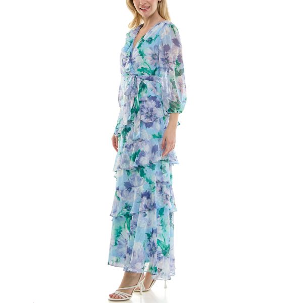 Women's Sheer Long Sleeve V-Neck Floral Tiered Ruffle Wrap Maxi