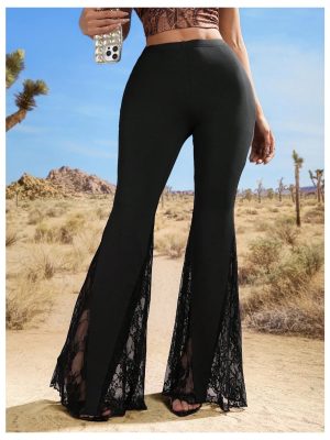 Women's Floral Lace Flare Pant Going Out Dressy Bell Elegant Trousers