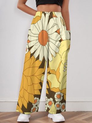 Yellow And Brown Vintage Floral Pattern Women's Casual Pants Yoga Loose Wide Legs Trousers with Pockets High Waist