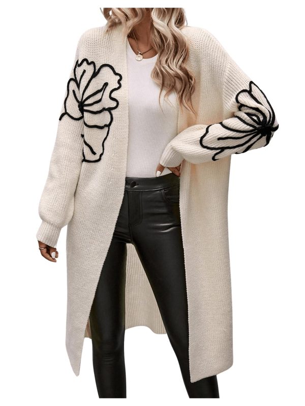 Women's Floral Pattern Cardigan Sweater Open Front Long Sleeve Loose Casual Outwear