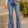 Womens Floral Embroidered Bell Bottom Jeans Stretchy Denim Flared Pants Mid Rise Vintage Bootcut Casual Trousers