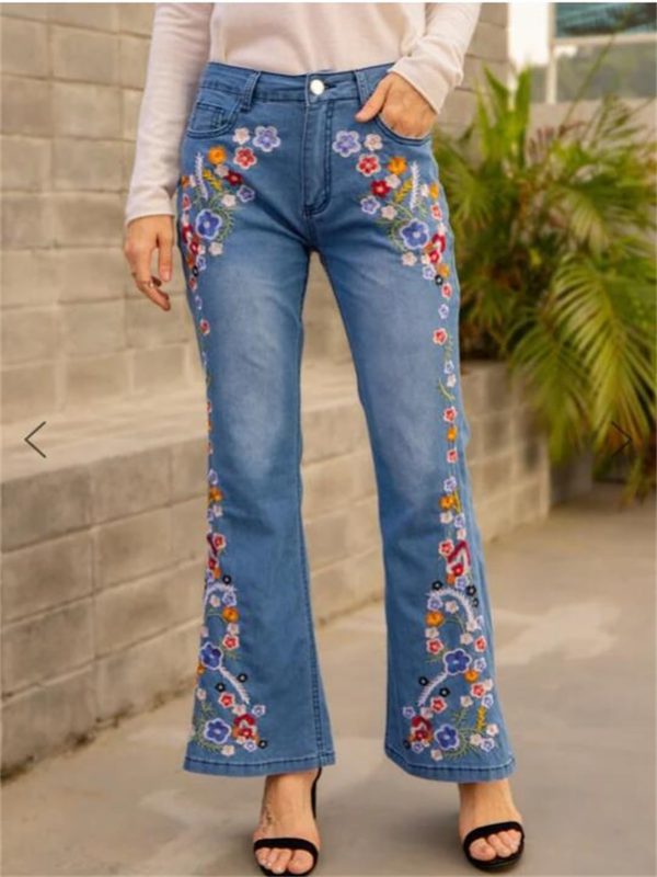 Womens Floral Embroidered Bell Bottom Jeans Stretchy Denim Flared Pants Mid Rise Vintage Bootcut Casual Trousers