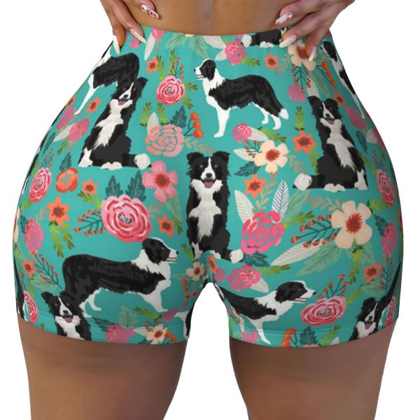 Border Collie Florals Print Women's Workout Shorts Elastic Athletic Gym Shorts Summer Seamless High-Waisted Yoga