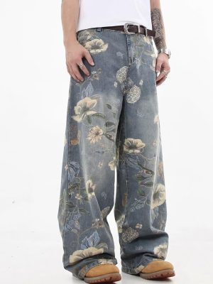 Y2k Baggy Jeans Men Flower Print Graphic Jeans Harajuku Wide Leg Boyfriend Denim Pants Streetwear
