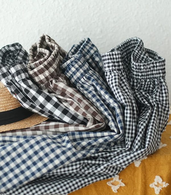 Women's Cotton Linen Pants Elastic Waist Plaid Gingham Wide Leg Capri Palazzo Pants