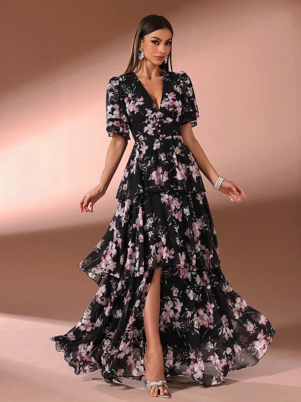 Summer Casual Dresses for Women 2024 Spring Fashion Boho V Neck Long Sleeve Ruffle Floral Print Elegant Maxi Dress