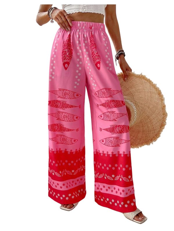 Women's Floral Wide Leg Pants Beach Vacation High Waist Boho Palazzo Trousers