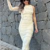 Boho One Shoulder Dress Women Sexy Ruched Tie Dyed Maxi Long Dress Tulle Elastic Summer Beach Party Evening Robe Gown