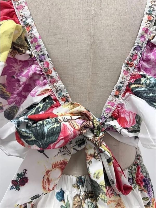 Women's Patchwork V-Neck Floral Print Dress Spliced Ruffles Short Sleeve High Waist Lace-Up Maxi Dresses