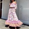 Women's Floral Resort Set - Slash Neck Ruffle Blouse & High Waist Maxi Skirt in Soft Pink