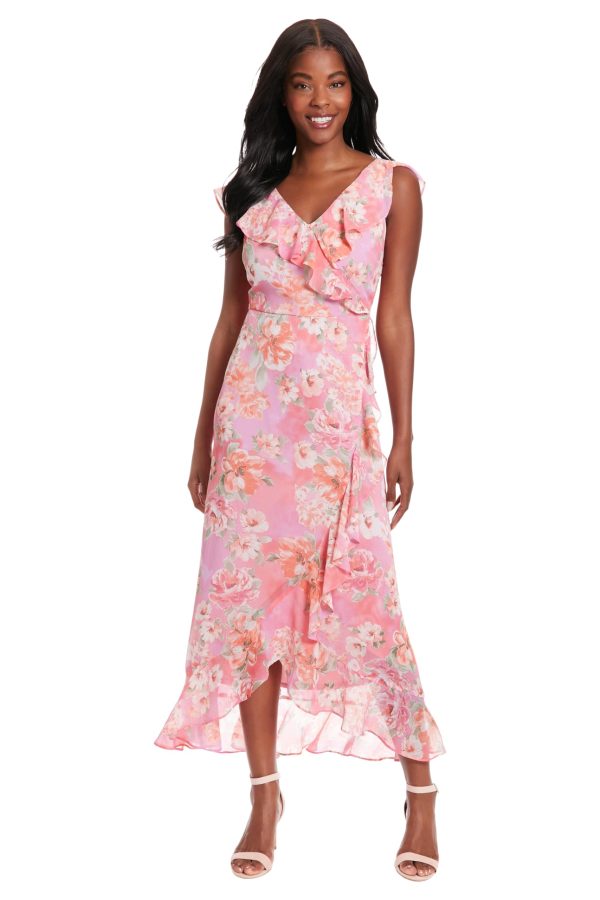 Women's Chiffon Faux Wrap Ruffle Maxi Dress Guest of Wedding