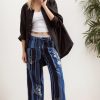 Striped Pants Women Floral Printed Wide Straight Leg Lounge Pant Mid Rise Drawstring Cropped Trousers