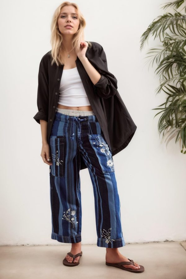 Striped Pants Women Floral Printed Wide Straight Leg Lounge Pant Mid Rise Drawstring Cropped Trousers