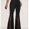 Women's Floral Lace Bell Bottom Pants Sheer Mesh Flare Leg Elastic High Waist Trendy Sexy Long Trousers